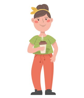 Elinde kahve olan bir kız, karakter. Çizgi film tarzında vektör illüstrasyonu.