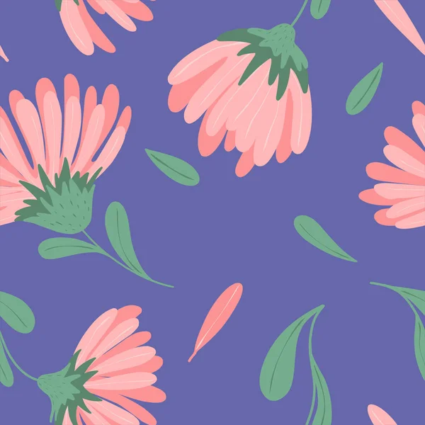 Seamless pattern with flowers on a trendy background very peri, abstract flowers, print, fabric, cover, collage, banner, wrapping paper. Vector.