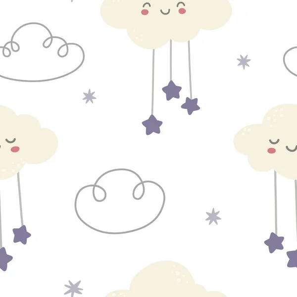 かわいい雲と星でカラフルな子供っぽいシームレスな繰り返しパターンを描いたベクトル手 繊維のためのトレンディな幼稚なテクスチャ — ストックベクタ