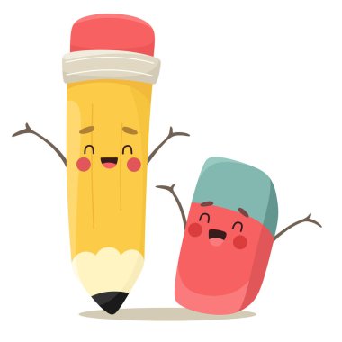 Komik kalem ve silgi, okul veya ofis malzemeleri. Çizgi film tarzında vektör illüstrasyonu.