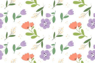 Bahar çiçekleriyle kusursuz desen, kolajlar için harika vektör çizimi, ambalaj kağıdı, kapaklar, afişler.