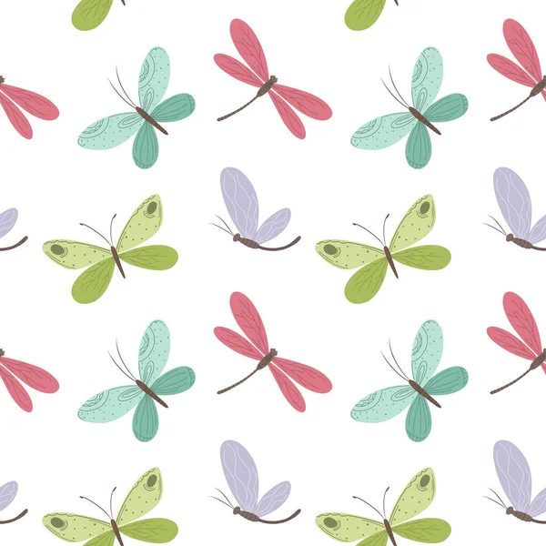 Patrón Sin Costuras Mariposas Insectos Lindos Coloridos Ilustración Vectorial — Archivo Imágenes Vectoriales