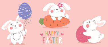 Beyaz Paskalya tavşanları koleksiyonu. Tatil karakterleri ile vektör illüstrasyonu.