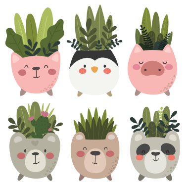 Komik hayvan saksılarındaki kapalı alan bitkilerinin vektör koleksiyonu. Çıkartmalar, baskı, dekor, bebek kıyafetleri, kapak resmi, dekorasyon için harika..