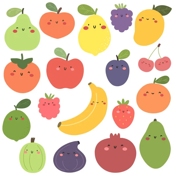 Colección Frutas Bayas Estilo Dibujos Animados Aislamientos Vectoriales Sobre Fondo — Vector de stock
