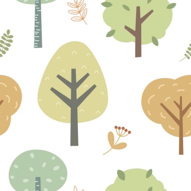 İskandinav çizgi film tarzında ağaçlarla kusursuz bir desen. Kumaş, ambalaj kağıdı, afiş, kapak için baskı. Vektör illüstrasyonu.