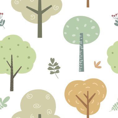 İskandinav çizgi film tarzında ağaçlarla kusursuz bir desen. Kumaş, ambalaj kağıdı, afiş, kapak için baskı. Vektör illüstrasyonu.