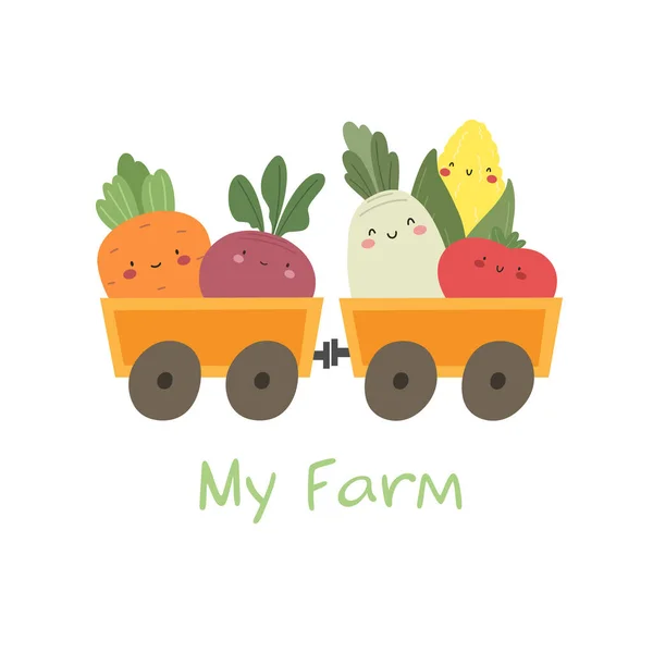 Moja Farma Cute Wektor Ilustracji Wózków Warzyw Odcisk Dziecięcy — Wektor stockowy