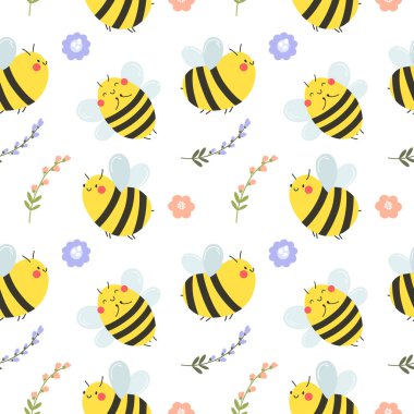 Mutlu arılar ve çiçeklerle kusursuz desen. Vektör deseni. Kağıt, arkaplan ya da kumaş baskısı için harika.