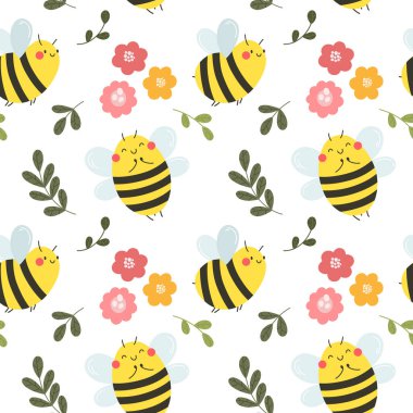 Mutlu arılar ve çiçeklerle kusursuz desen. Vektör deseni. Kağıt, arkaplan ya da kumaş baskısı için harika.