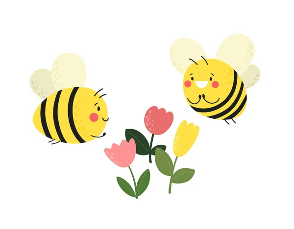 Happy Bees Flowers Vector Illustration — Stockový vektor
