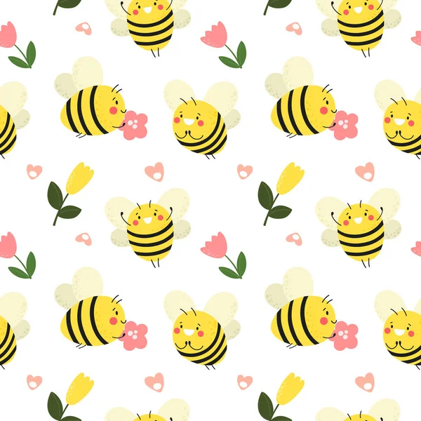 Seamless Pattern Happy Bees Flowers Vector Pattern Great Wrapping Paper — Stok Vektör