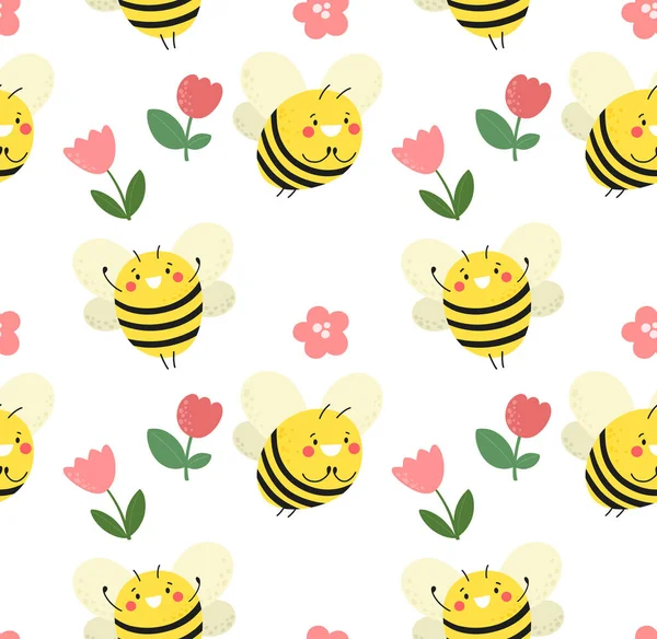 幸せな蜂や花とシームレスなパターン ベクトルパターンだ 包装紙 背景または布の印刷のための素晴らしい — ストックベクタ