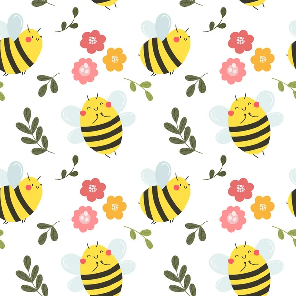 Бесшовный Узор Счастливыми Пчелами Цветами Векторный Шаблон Отлично Подходит Упаковки Лицензионные Стоковые Векторы