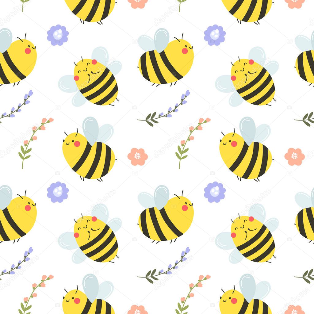 Seamless pattern with happy bees and flowers. Vector pattern. Great for wrapping paper, background or fabric print.