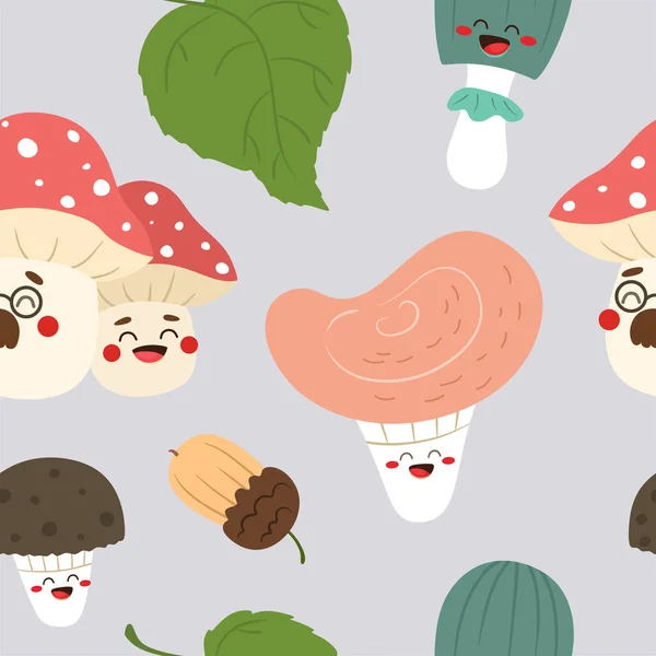 Seamless Pattern Funny Mushrooms Vector Pattern — ストックベクタ