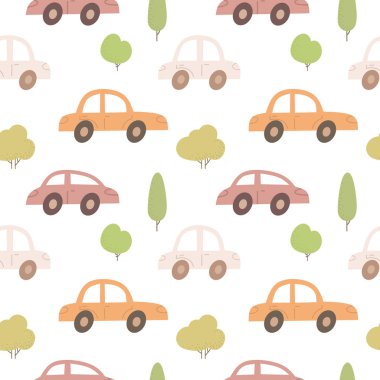 Cute cartoon childish seamless pattern with cars. ector print for wall decor in children's bedroom.