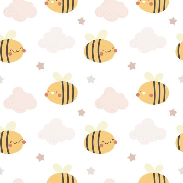 Seamless Pattern Cute Bees Clouds Vector Cartoon Pattern Boho Style — Vettoriale Stock