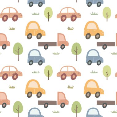 Cute cartoon childish seamless pattern with cars. ector print for wall decor in children's bedroom. Boho