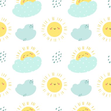 Güzel güneş ve bulutlarla kusursuz bir desen. Çizgi film tarzında vektör çocuk illüstrasyonu.