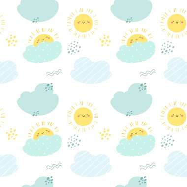 Güzel güneş ve bulutlarla kusursuz bir desen. Çizgi film tarzında vektör çocuk illüstrasyonu.
