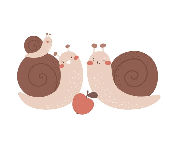 蜗牛的快乐家庭 矢量儿童的插图在Boho卡通风格 印刷成衣 — 图库矢量图片