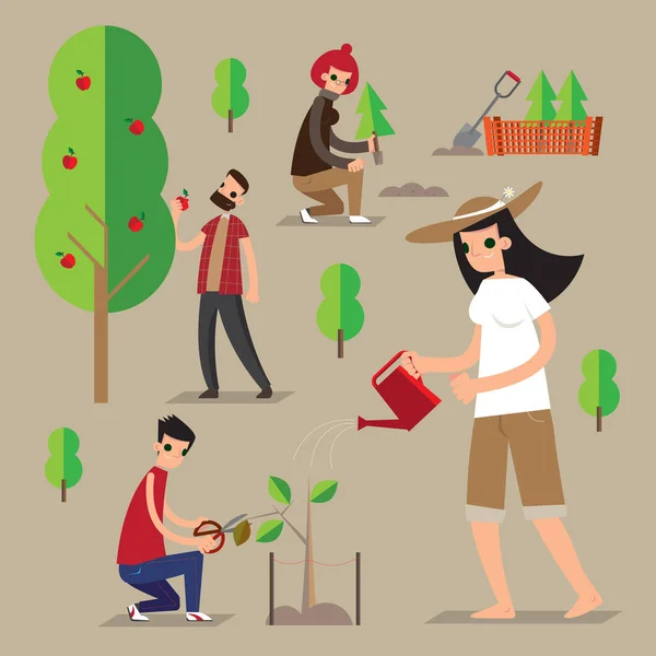 Gráfico Vetorial Pessoas Plantando Árvores Greening Área — Vetor de Stock