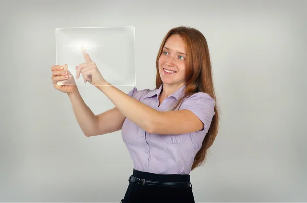 Pretty young lady press button on touch screen