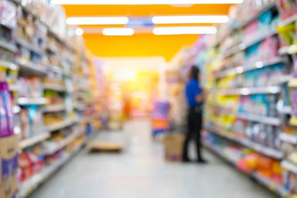 Desenfoque Compras Supermercado Pasillo Lleno Frutas Verduras Otros Productos Ropa — Foto de Stock