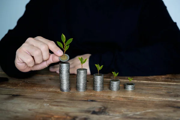 Aziatisch Zakenvrouw Holding Munt Met Boom Groeien Stapelen Munt Financiën — Stockfoto