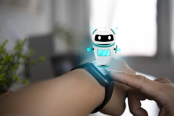 Relógio Inteligente Mão Homem Negócios Com Bolhas Mensagem Tela Conversando — Fotografia de Stock
