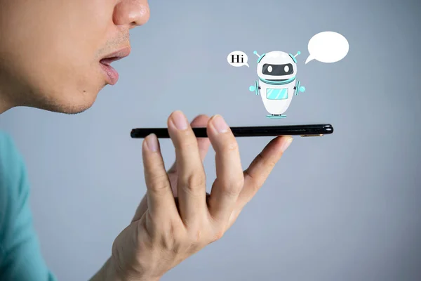 Dijital sohbet robotu, robot uygulaması, sohbet asistanı, yapay zeka konsepti. Sanal ekranda dijital sohbet robotu ve çevrimiçi ağda veri kullanan adam
