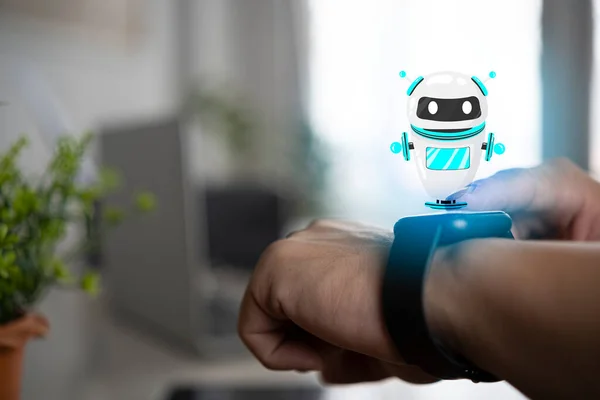 Relógio Inteligente Mão Homem Negócios Com Bolhas Mensagem Tela Conversando — Fotografia de Stock