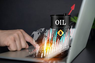 Yatırım piyasasında bir büyüme grafiği olan petrol varilleri ve küresel ağ hattı tel çerçeve veri ticaretini temsil eden dünyanın haritası. 3d illüstrasyon