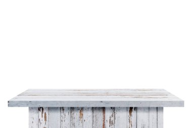 Beyaz arka plandaki beyaz ahşap masa reklamlar, yer ürünleri, reklam panoları yapabilir..