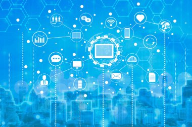 Sosyal Medya İletişim İnternet Ağı Bağlantı Şehri Gökdelen Görünümü Şehir Arkaplanı 