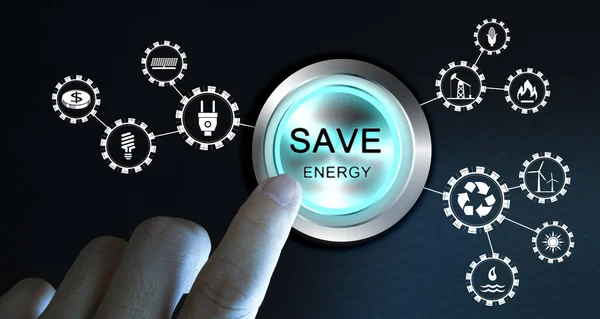 Geschäftsmann Drücken Energie Sparen Taste Mit Virtuellem Licht Dunklem Hintergrund — Stockfoto