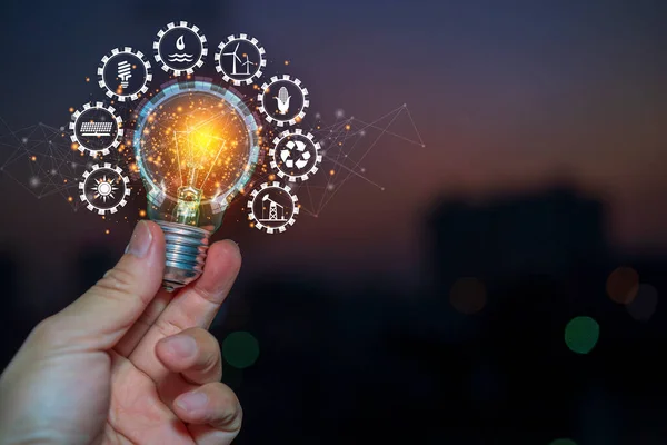 Hand Holding Light Bulb Nature Icons Energy Sources Renewable Sustainable — Stock Photo, Image