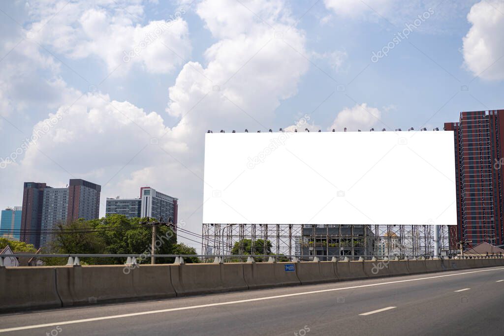 Blank white road billboard with Bangkok cityscape background at day time. Street advertising poster, mock up, 3D rendering. Side view. The concept of marketing communication or sell idea.