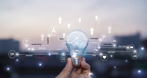 Businessman Holding Light Bulb Abstract Brain Icon Digital Marketing Strategy — Stock fotografie