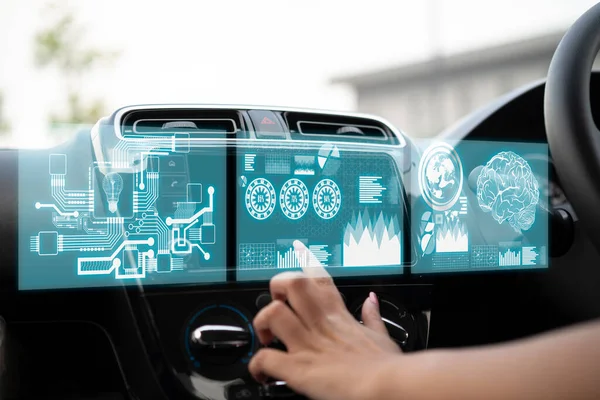 futuristic vehicle and graphical user interface(GUI). intelligent car. connected car. Internet of Things. Heads up display(HUD).