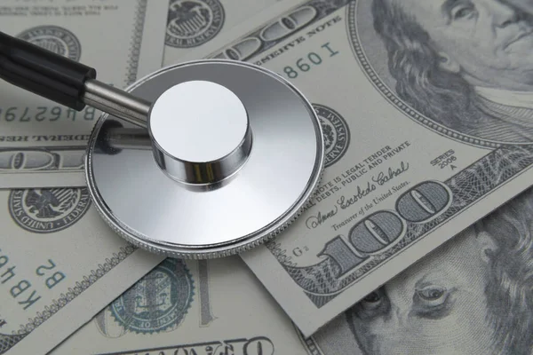 Stethoscope Dollar Banknotes Healthcare Payment Concept Medical Cost Rising Stethoscope — стокове фото