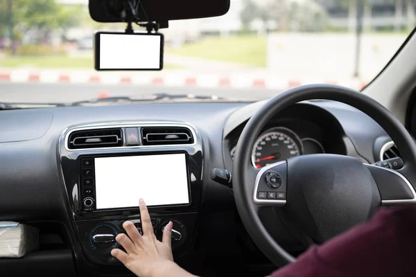 Woman Driving Finger Touching Screen Car Woman Sitting Car Her — Stockfoto