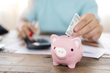 Man hand putting money bank note dollar into piggy for saving money wealth and financial concept.