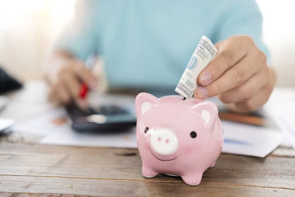Man Hand Zetten Geld Bankbiljet Dollar Piggy Voor Het Besparen — Stockfoto