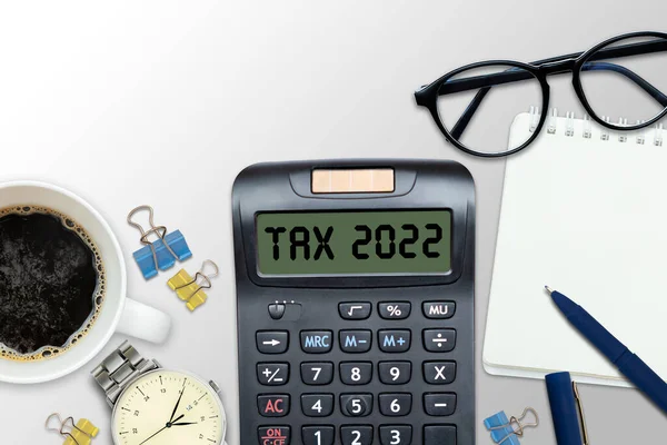 Taxe Word 2022 Sur Calculatrice Concept Entreprise Fiscalité Sur Fond — Photo