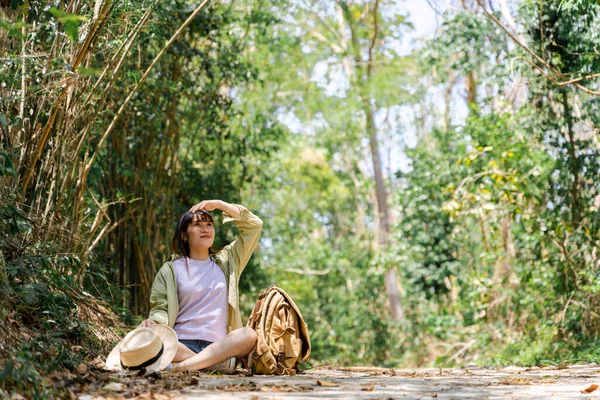 Mulher Jovem Bonito Fazendo Uma Pausa Caminhada Floresta Fundo Árvore — Fotografia de Stock