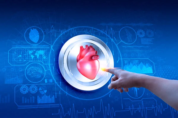 Man's finger touching  heart shape and medical icon network connection on modern virtual screen networking interface. Health care, Medical and patient.