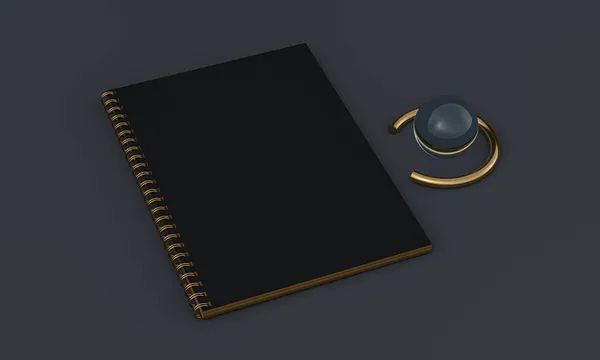 Blank spiral black notebook on background. Template for your design. 3D — Stock Photo, Image