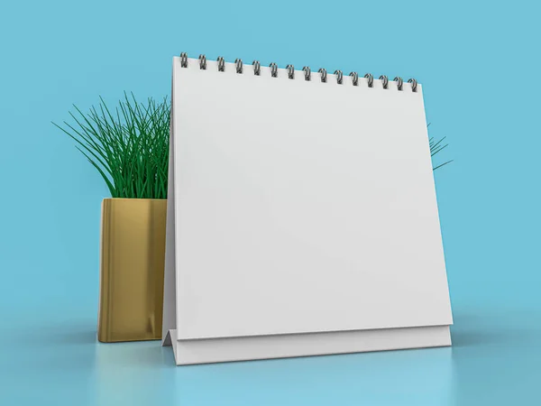 Mesa en blanco calendario maqueta sobre fondo azul. Ilustración 3D —  Fotos de Stock